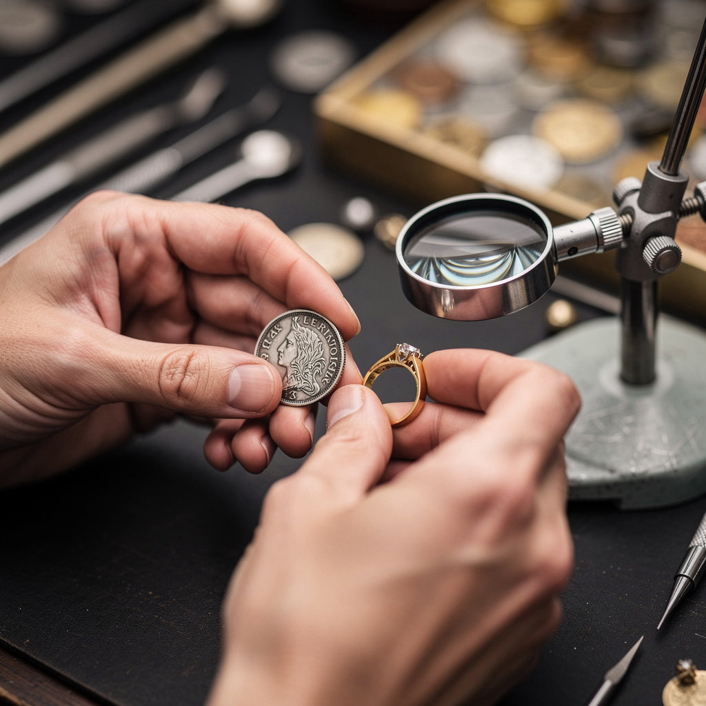 DYNAMIC COIN & JEWELRY expert examining a rare coin and fine jewelry in Wethersfield, CT